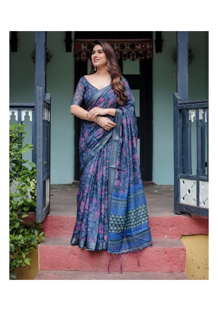 Malishka Export Blue Floral Linen Cotton Saree for Women - Image 1